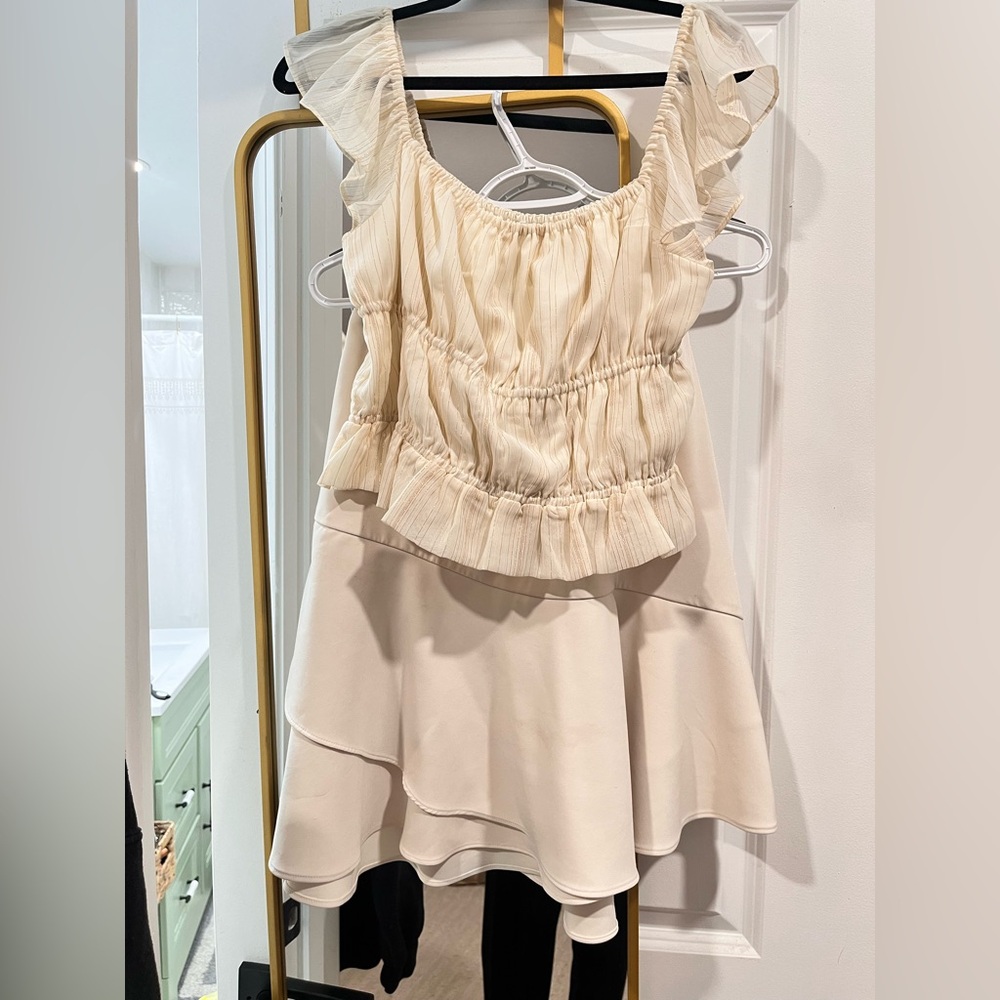 Express Cream Smocked Crop Top and Skirt Set